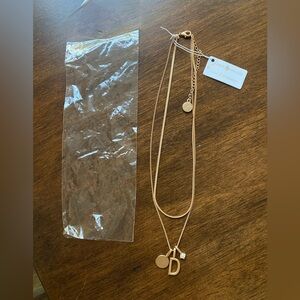 Dainty Herringbone Double gold chain with “D” initial, gold disc and pearl charm